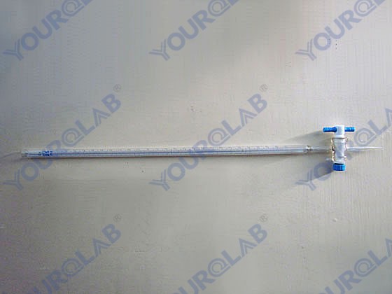 Burette with blue line on milk white background straight PTFE stopcock